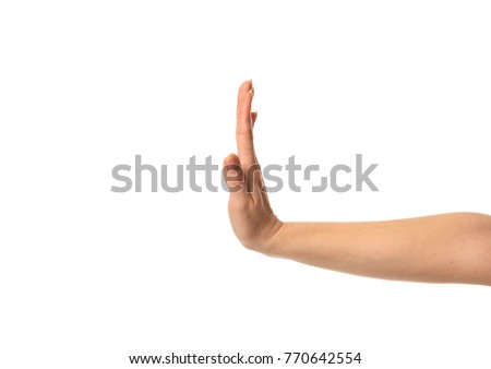 Image of caucasian woman hand stop palm gesture isolated on white background