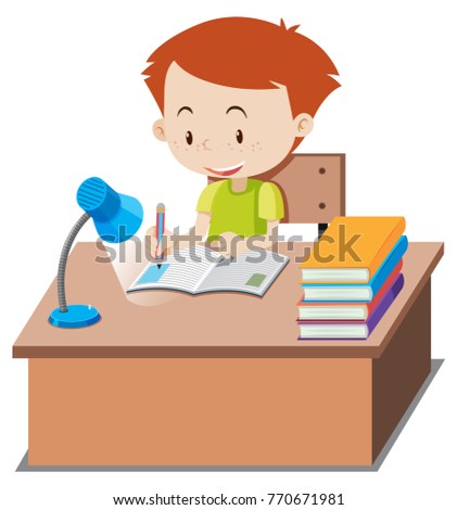 Little boy doing homework on table illustration