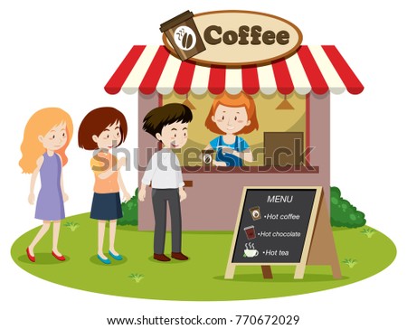 People waitin in line at the coffe stand illustration