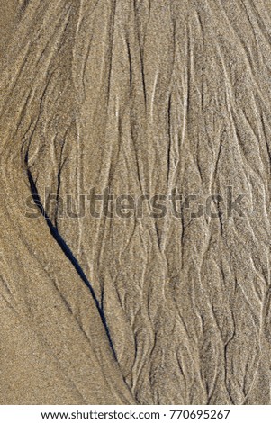 Receding water from low tide causes water lines and patterns in the sand.