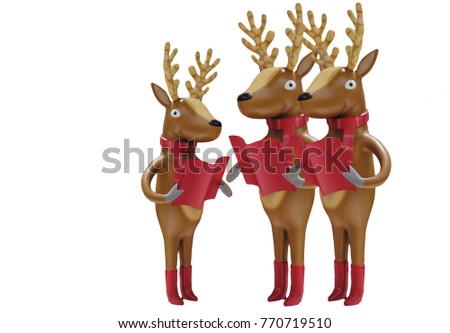 Brown lovely deer model stand like people reading red book with copy space isolated on white background. Concept for Christmas and new year background.