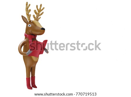 Brown lovely deer model stand like people reading red book with copy space isolated on white background. Concept for Christmas and new year background.