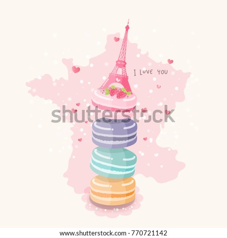 Pastel color mararoons decorate with Eiffel tower on top with cute strawberry, hand drawn. Vector illustration. 