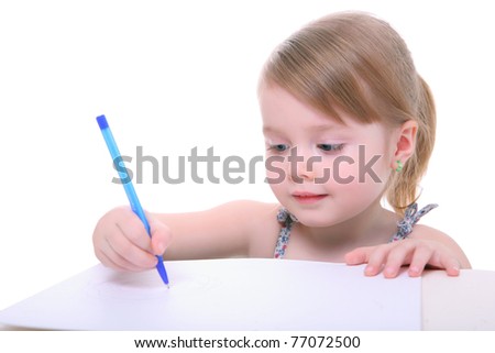 cute little kid girl learning and writing. preschool child. isolated on white
