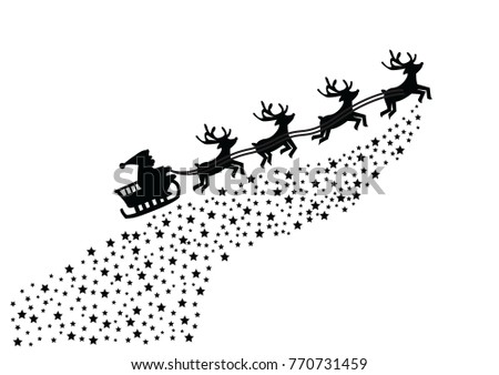 Merry Christmas and Happy New Year. Santa Claus riding in a sleigh with harness on the reindeer. Vector illustration.