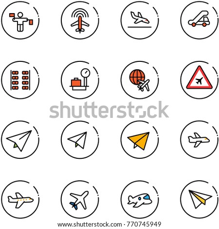line vector icon set - traffic controller vector, plane radar, arrival, trap truck, seats, baggage scales, globe, airport road sign, paper, fly, toy
