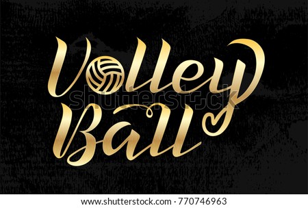 Volleyball gold lettering on black background, vector illustration. Volleyball calligraphy. Sport, fitness, activity vector design. Print for logo, T-shirt, flag, banner, postcards, logotype, poster.