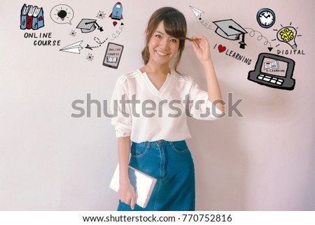 E-Learning and digital lifestyle Concept. Young Asian Business woman standing  with education and E-learning illustration doodles  background