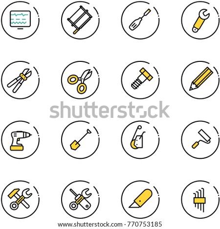 line vector icon set - diagnostic monitor vector, bucksaw, chisel, wrench, bolt cutter, scissors, pencil, drill, shovel, winch, paint roller, hammer, screwdriver, work knife, allen key set