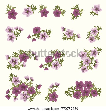 Floral arrangements in small wild buttercup flowers. Set of country style bouquet. Country chic. Use for textile design, wallpaper, covers, surface, print, gift wrap, scrapbooking, decoupage.