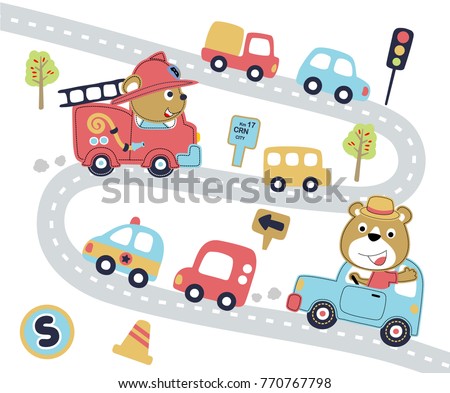 Funny bear driving car in city road, vector cartoon illustration