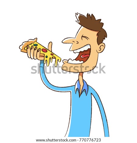 smiling man eating pizza, cartoon illustration