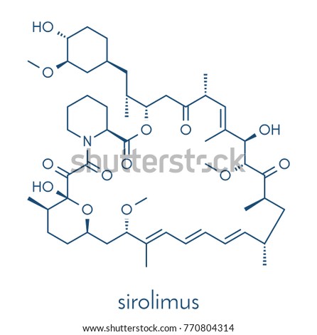 Sirolimus (rapamycin) immunosuppressive drug molecule. Used to prevent transplant rejection and in coronary stent coating. Skeletal formula.