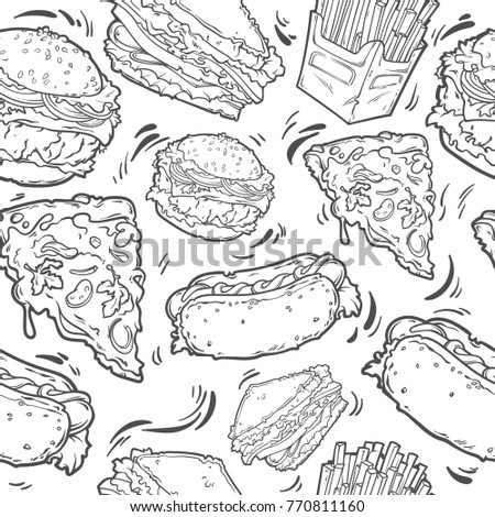 Pattern for fast food shop, repeat pattern, vector illustration isolated on white background, ornament delicious meal.