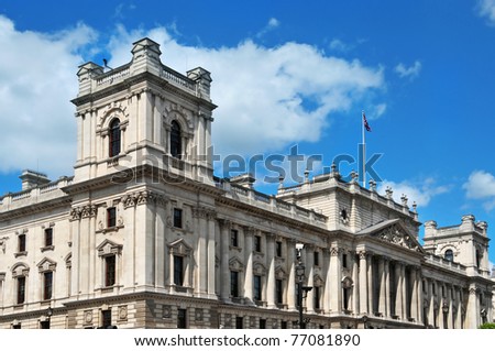 a view of HM Treasury headquarters in London, United Kingdom Royalty-Free Stock Photo #77081890
