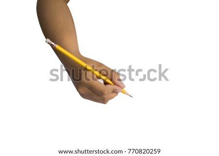 Close up hand of a female holding a Yellow Pencil isolated on white background with copy space
