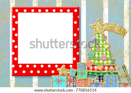 Christmas frame for children greeting card. Funny empty frame, Christmas tree with hearts and gifts.