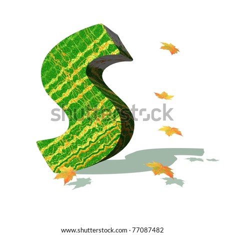 Green ecological S capital letter surrounded by few autumn falling leaves in a white background with shadows