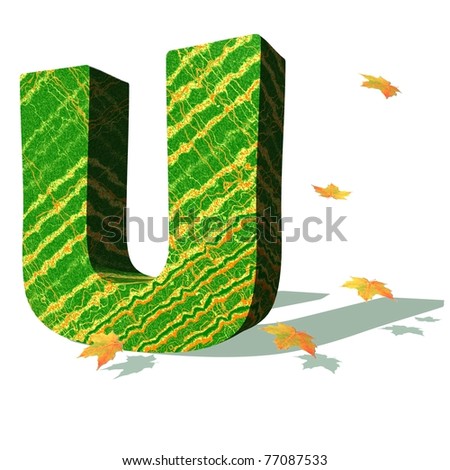 Green ecological U capital letter surrounded by few autumn falling leaves in a white background with shadows