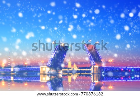 Winter in Russia. Christmas background : Saint Petersburg at winter evening. Vintage colored picture. X-mas, New Year, Europe, Love and travel concept