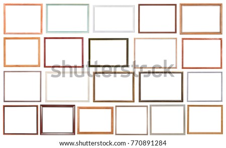 set of modern wooden picture frames with cut out canvas isolated on white background