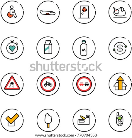 line vector icon set - disabled vector, small plane, first aid room, turkey, stopwatch heart, milk, dollar exchange, slippery road sign, no bike, overtake, arrows up, check, ice cream, stapler