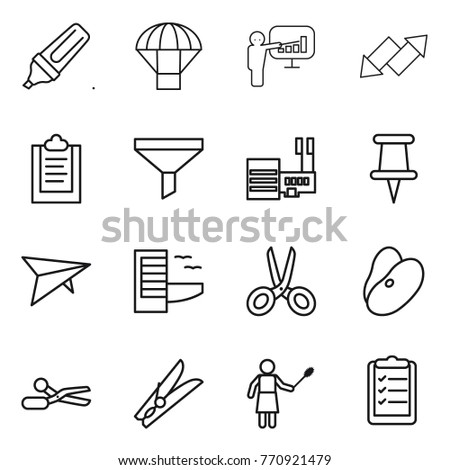 Thin line icon set : marker, parachute, presentation, up down arrow, clipboard, funnel, mall, pin, deltaplane, hotel, scissors, beans, clothespin, woman with duster, list