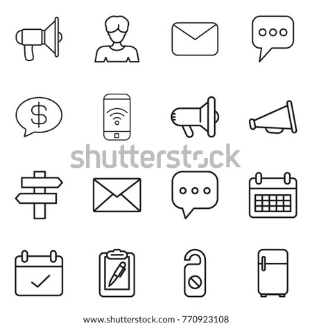 Thin line icon set : loudspeaker, woman, mail, message, money, phone wireless, megafon, singlepost, sms, calendar, terms, clipboard pen, do not distrub, fridge