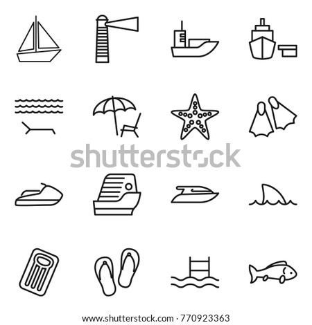 Thin line icon set : boat, lighthouse, sea shipping, port, lounger, starfish, flippers, jet ski, cruise ship, yacht, shark flipper, inflatable mattress, flip flops, pool, fish