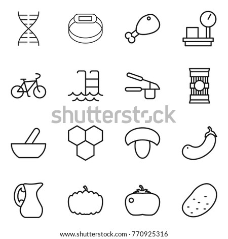 Thin line icon set : dna, smart bracelet, chicken leg, warehouse scales, bike, pool, garlic clasp, pasta, mortar, honeycombs, mushroom, eggplant, jug, pumpkin, tomato, potato