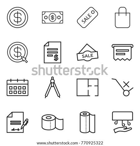 Thin line icon set : dollar, money, sale, shopping bag, arrow, account balance, atm receipt, calendar, drawing compasses, plan, do not trolley sign, inventory, toilet paper, towel, hand dryer