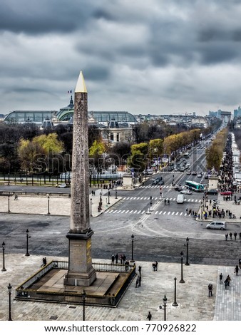 Avenue des Champs Elysees and Place de la Concorde, Paris, France. Aerial view