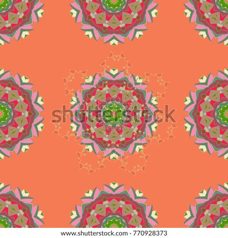 Hand-drawn colored mandala on a orange, pink and beige colors. Vector abstract pattern.