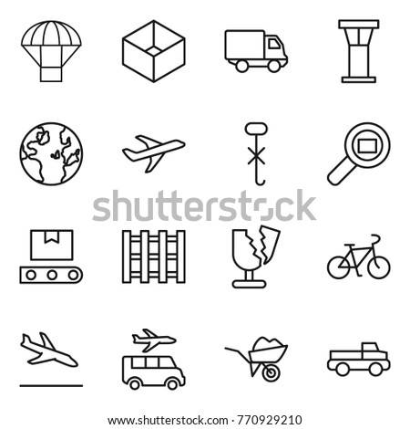 Thin line icon set : parachute, box, delivery, airport tower, globe, plane, do not hook sign, cargo search, transporter tape, pallet, broken, bike, arrival, transfer, wheelbarrow, pickup