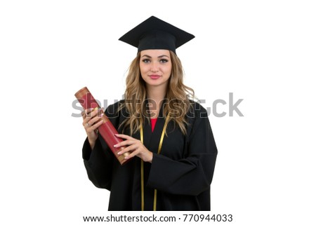 Happy graduate student holding a diploma isolated on white background.