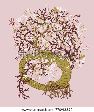 Blooming tree with curved branches, decorative element

