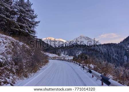 Snowy mountain road with trees