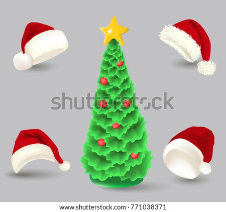 Santa Claus hat and Christmas tree. Winter clothes. Christmas 3d realistic vector icon 