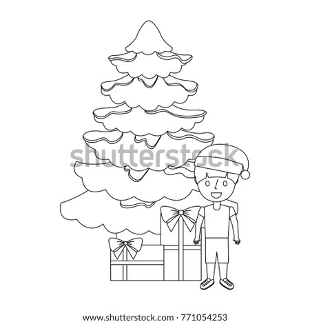 happy kid wearing christmas hat with tree and gifts