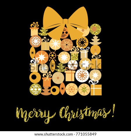 Vector greeting christmas card template. Golden gift on black background.