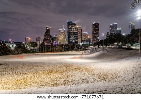 Downtown Houston at  night with big and fluffy snowflakes fell on meadow grass at Eleanor Park. Snow is extremely rarely happen in here, it has only fallen in Houston 35 times since February 1895.