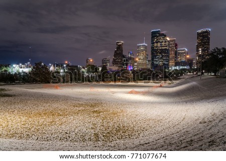 Downtown Houston at  night with big and fluffy snowflakes fell on meadow grass at Eleanor Park. Snow is extremely rarely happen in here, it has only fallen in Houston 35 times since February 1895.