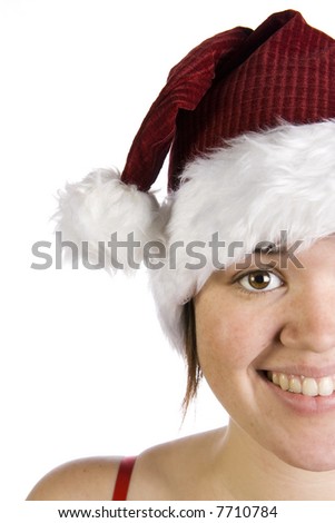 Closeup of smiling woman in Santa hat