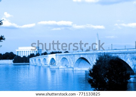 Lincoln Memorial, Washington Monument and Memorial Bridge from the banks of the Potomac River, Sundown Washington DC - cyanotype