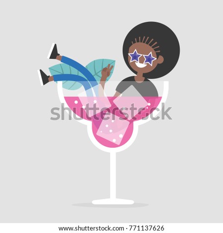 Young black female character sitting in a huge glass with a cocktail. Night life concept. Flat editable vector illustration, clip art
