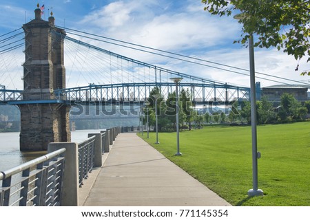 Smale Riverfront Park in Cincinnati, Ohio next to the John A Roebling Suspension Bridge