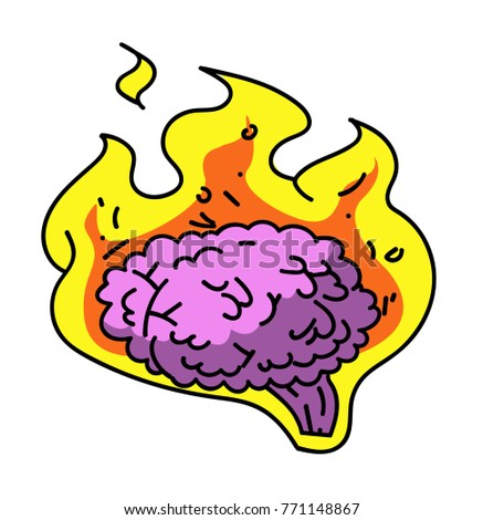 Brain on fire cartoon hand drawn image. Original colorful artwork, comic childish style drawing.