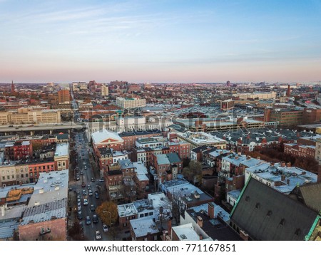 Aerial of Downtown Baltimore, Maryland from The Mount Vernon Place