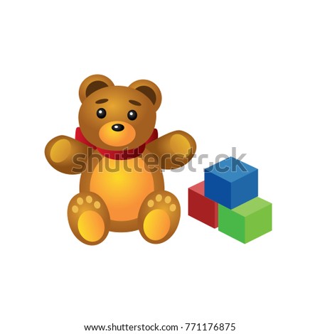 Isometric cute teddy bear and colorful cubes isolated on white background. Childish toys and gifts. Vector illustration