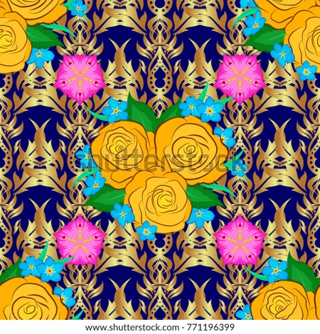 Cute vector floral background. Rose flowers seamless pattern in yellow, blue and brown colors.
